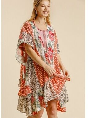 Umgee Leopard Rose Ruffle Open Front Kimono Size M/L